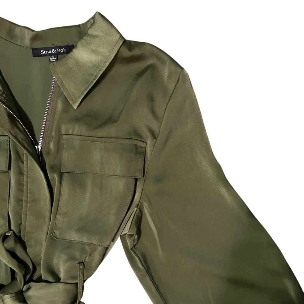 Olive Green Satin Long Sleeve Zip Tie Dress Size Small - Picture 4 of 8